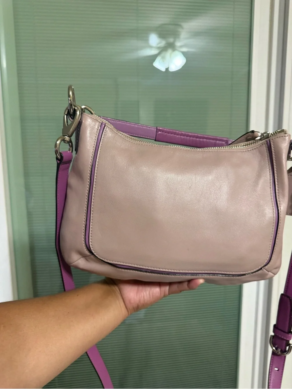 Coach Pink Leather Shoulder Bag with Purple Trim
